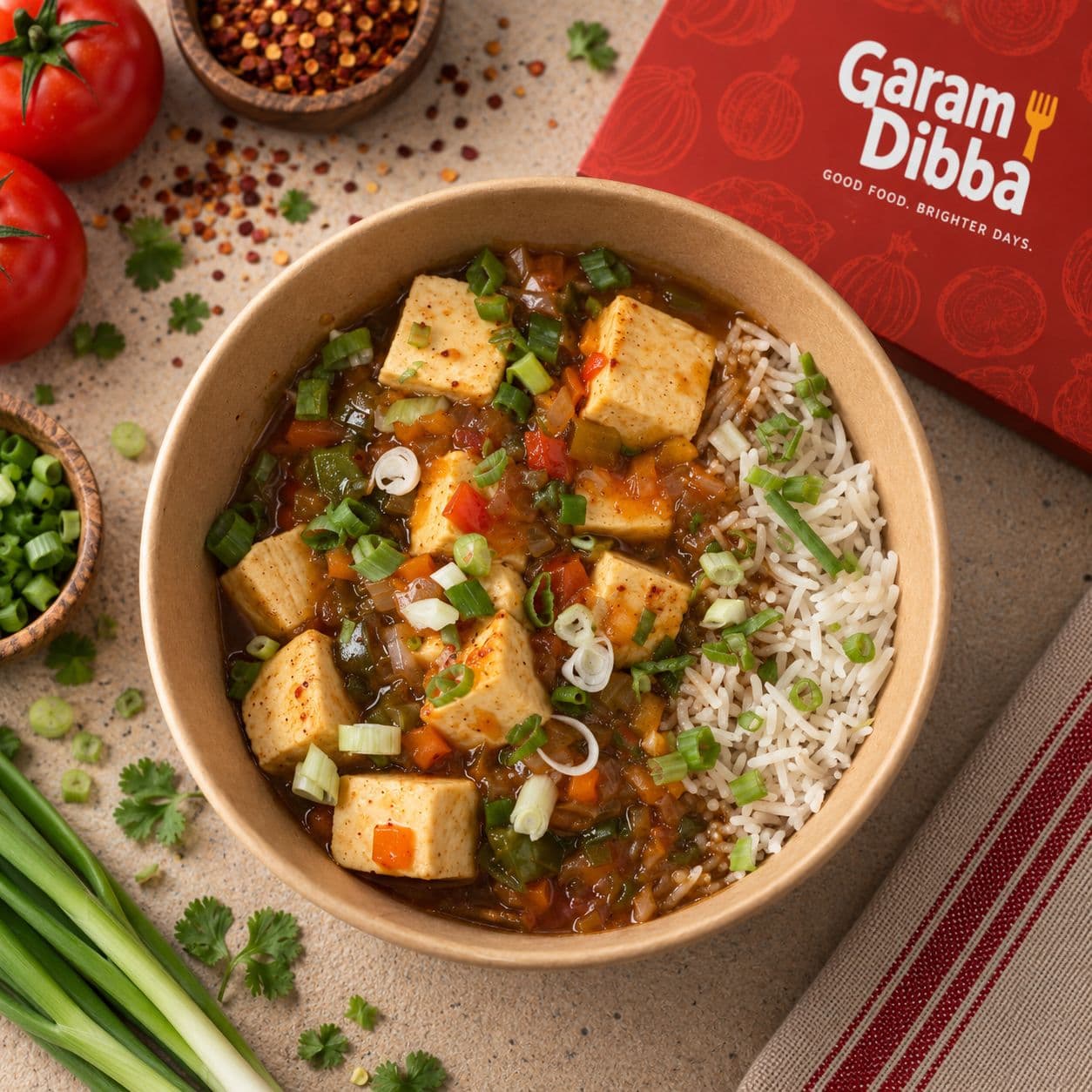 Hot and Sour Paneer Bowl with paneer, vegetables, rice and spring onion