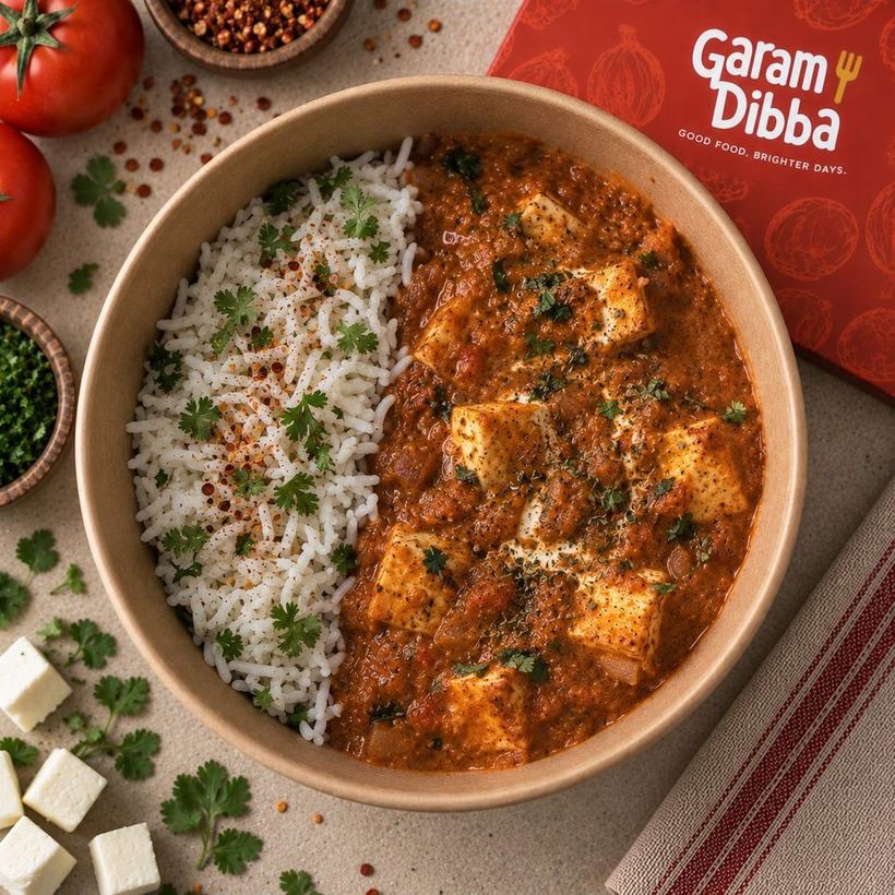 Garam Dibba Paneer Lababdar bowl with rice, packed for tiffin delivery in Dehradun