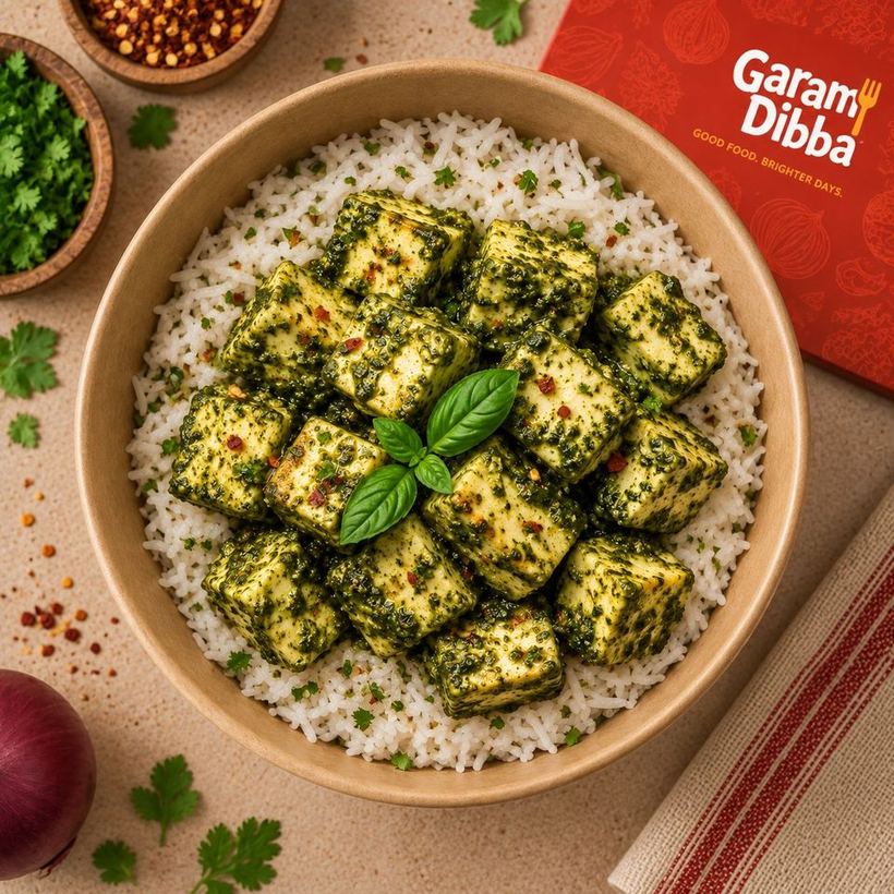 Garam Dibba Pesto Paneer bowl, a vegetarian tiffin meal in Dehradun