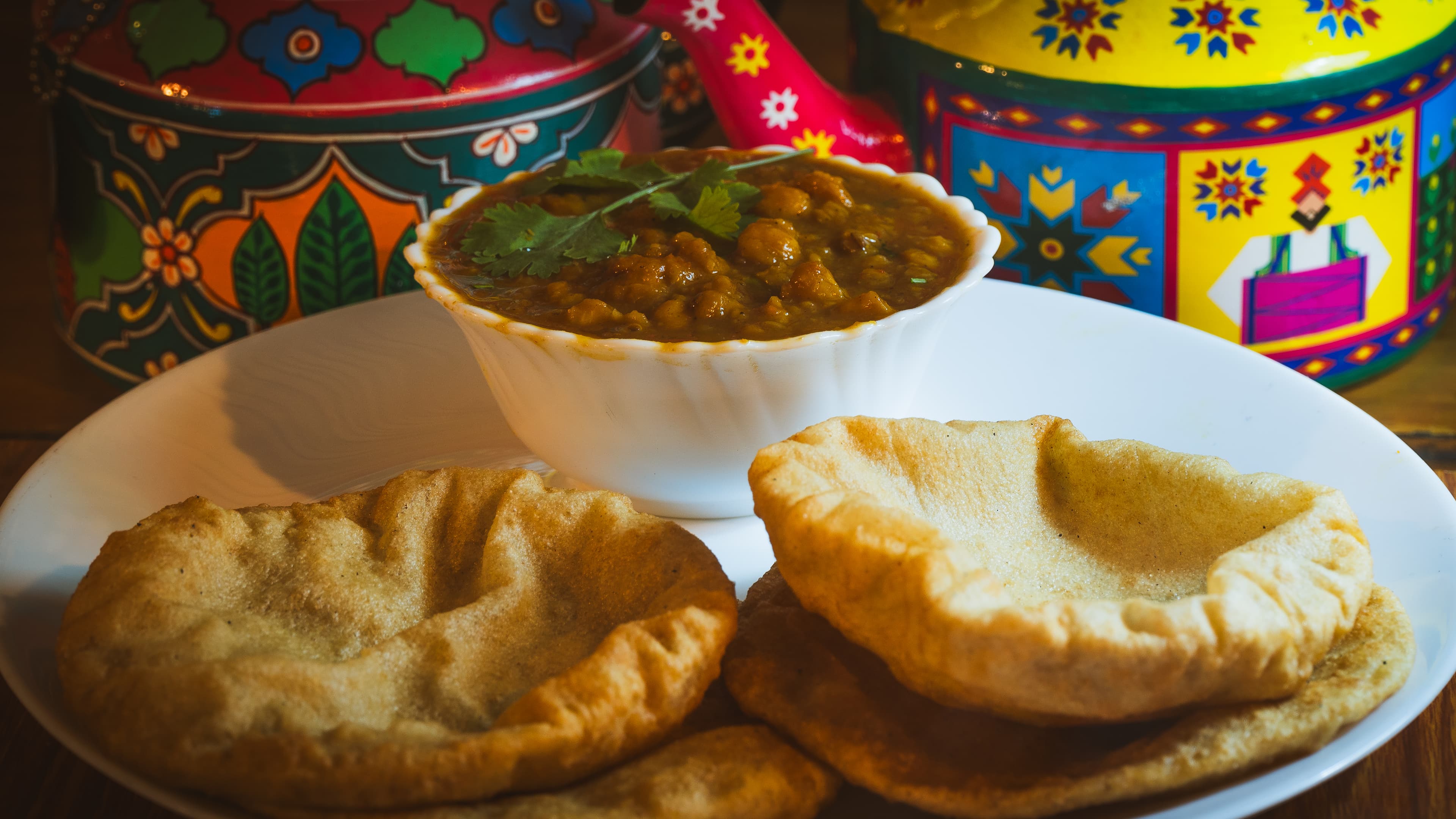 Chole bhature with fluffy fried bhature