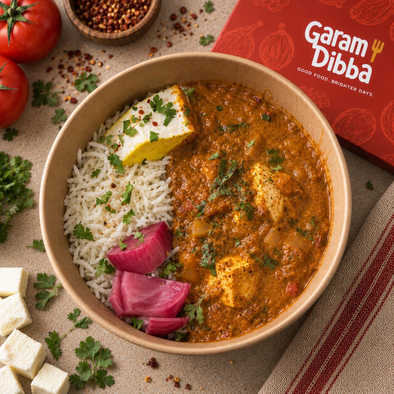 Garam Dibba Paneer Pasanda bowl with paneer, creamy gravy, rice and pickled onion